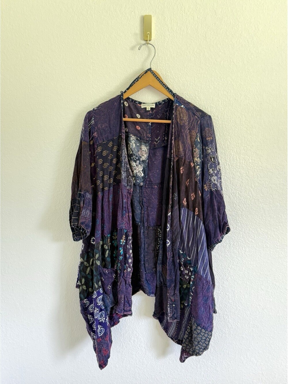 Earthbound Trading Co Women’s Med Patchwork Artsy Open Front Kimono Earthy